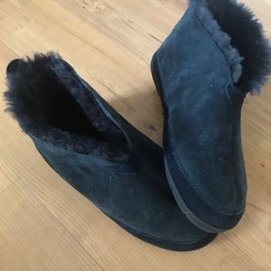 Lands' End Navy Blue Suede Shearling-Lined Slippers